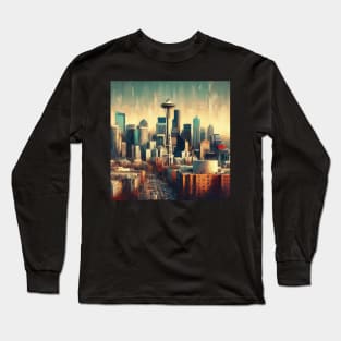 Seattle Space Needle Cityscape Impressionism Painting Long Sleeve T-Shirt